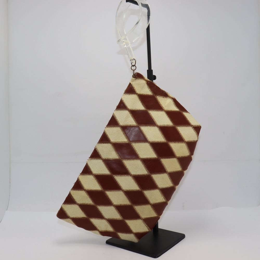 Vintage Diamond Patchwork Clutch OS Brown Womens Mod Retro Handbag Lucite